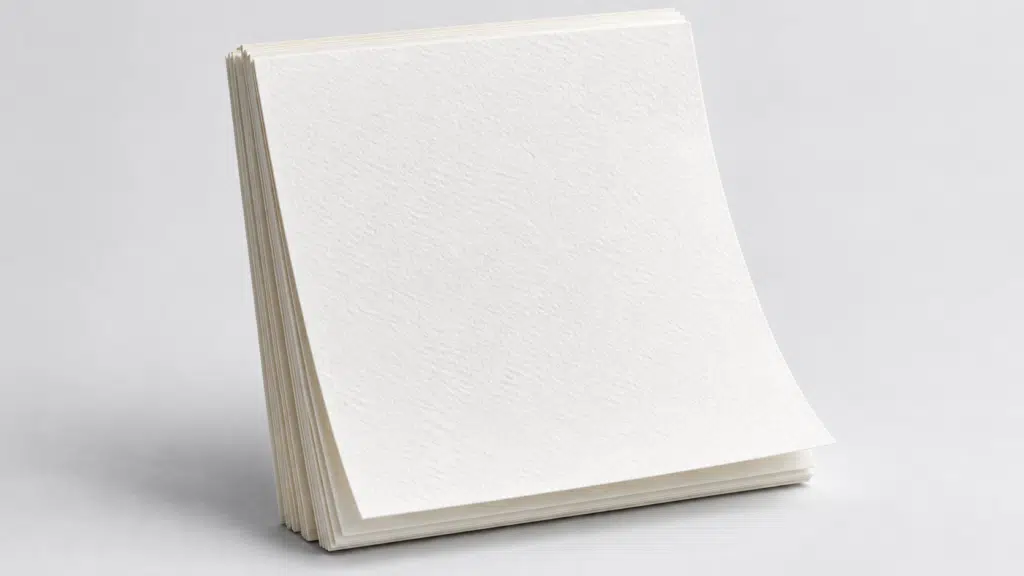 Stack of white textured cards standing upright on a gray surface