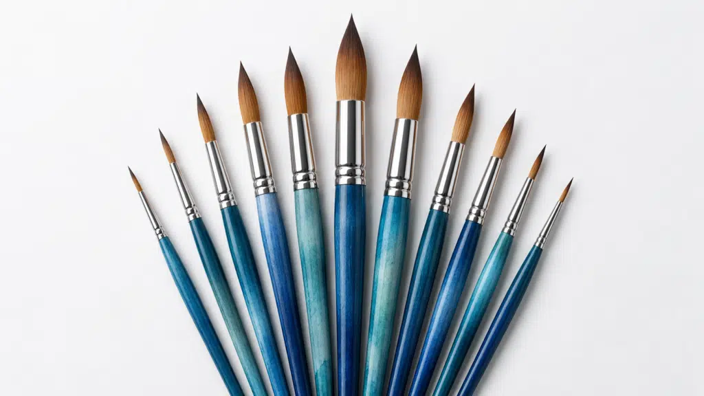 Row of blue wooden-handled paintbrushes with brown bristles fanned out against a white background.