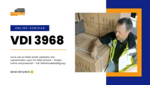 Werbebanner für ein Online-Seminar von „L.K.W. Schmid" in Blau, Orange und Weiß. Links das Firmenlogo, Titel „VDI 3968", Beschreibungstext zum sicheren Verpacken und Sichern von Ladeeinheiten sowie Button „Mehr erfahren". Rechts ein Foto eines Mannes in gelber Warnweste, der beschriftete Kartons auf einer Palette prüft.