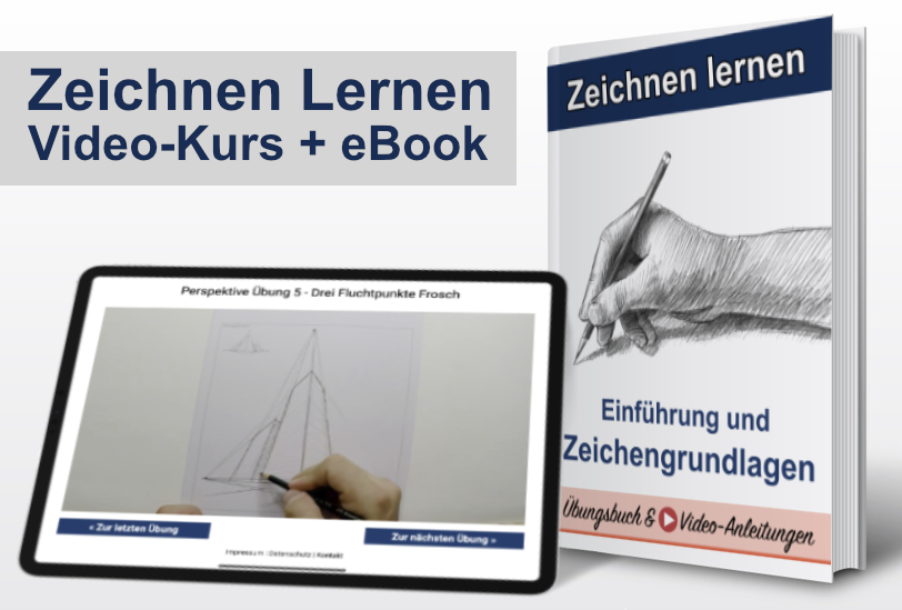 Produktdarstellung des Kurses „Zeichnen Lernen – Video-Kurs + eBook". Links ein Tablet mit einer Videoübung zum Thema „Perspektive – Drei Fluchtpunkte Frosch", auf dem eine Hand mit Stift eine geometrische Konstruktion zeichnet. Rechts ein aufgestelltes eBook mit dem Titel „Zeichnen lernen – Einführung und Zeichengrundlagen", auf dem Cover eine realistische Bleistiftzeichnung einer zeichnenden Hand. Oben links der Kursname in dunkelblauen Großbuchstaben.