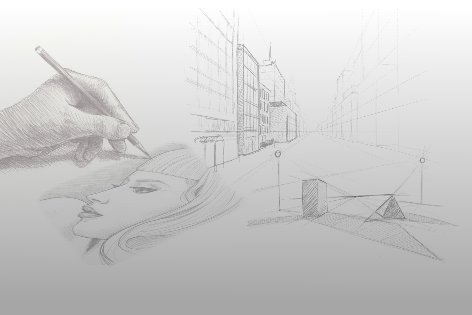 Illustratives Bannerbild mit verschiedenen Bleistiftzeichnungen auf hellem Hintergrund: Links eine detailliert gezeichnete Hand, die einen Bleistift hält. Darunter ein weibliches Gesichtsprofil mit fließenden Haaren. Rechts eine perspektivische Stadtstraße mit Hochhäusern und geometrische Grundformen mit Fluchtlinien als Übungszeichnung.