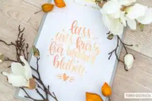 lass-uns-kurz-fuer-immer-bleiben - Webinare und Kurse Handlettering „lass uns kurz für immer bleiben" mit kleinem Herz in einem Orange-Gelb-Farbverlauf auf weißem Papier, eingeklemmt auf einem grauen Klemmbrett. Umgeben von weißen Magnolienblüten, Zweigen und Physalis auf einem Holztisch. Foto: Timo Ostrich.