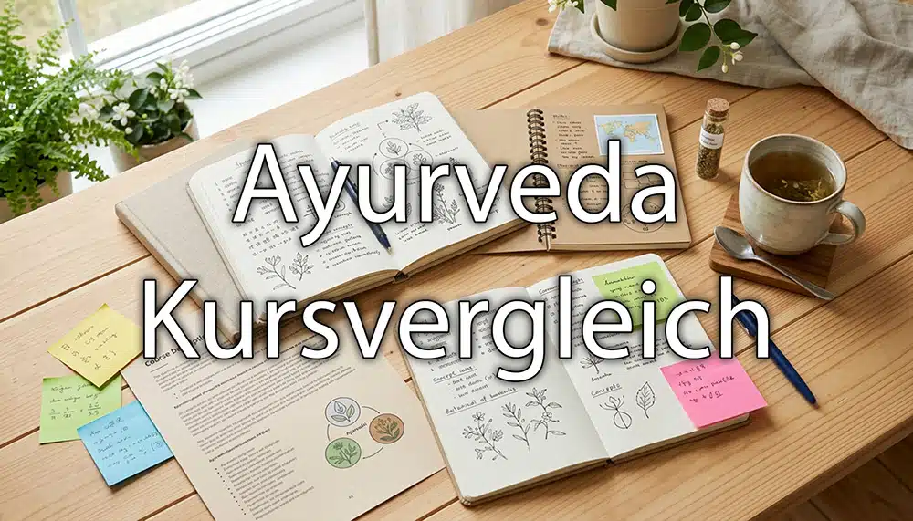 Verschiedene Ayurveda-Kurs-Themen auf Notizen nebeneinander – Auswahl und Vergleich. Overlay Schrift: Ayurveda Kursvergleich