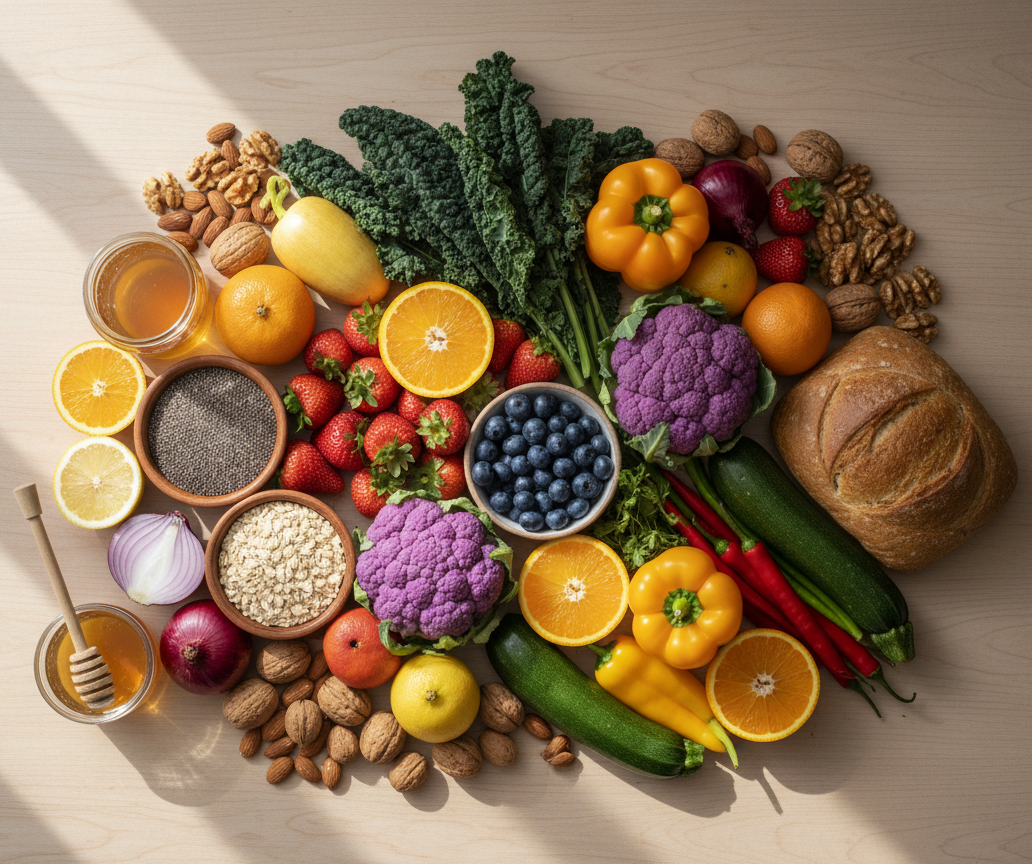 Farbenfroher Flatlay auf hellem Holzuntergrund mit frischen Vollwertzutaten: Grünkohl, lila und gelber Blumenkohl, Zucchini, Paprika, Chili, rote Zwiebel, Erdbeeren, Blaubeeren, Orangen, Zitronen, Mango, Walnüsse, Mandeln, Chiasamen, Haferflocken, Honig und ein Vollkornbrot.
