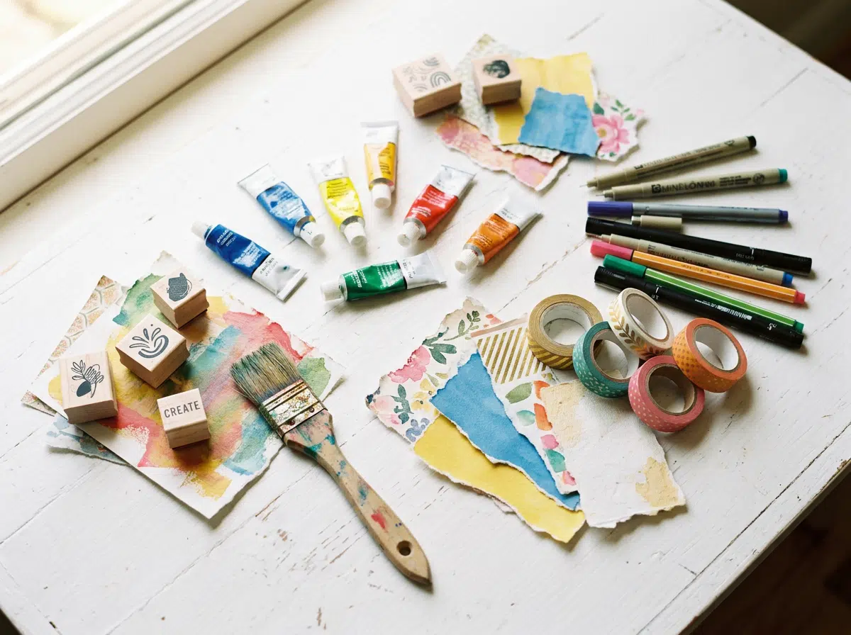 Einladend arrangierter Flatlay mit Aquarellfarben, Finelinern, Washi-Tape, Pinseln, Stempeln und bunten Papierschnipseln für Mixed-Media-Collagen.