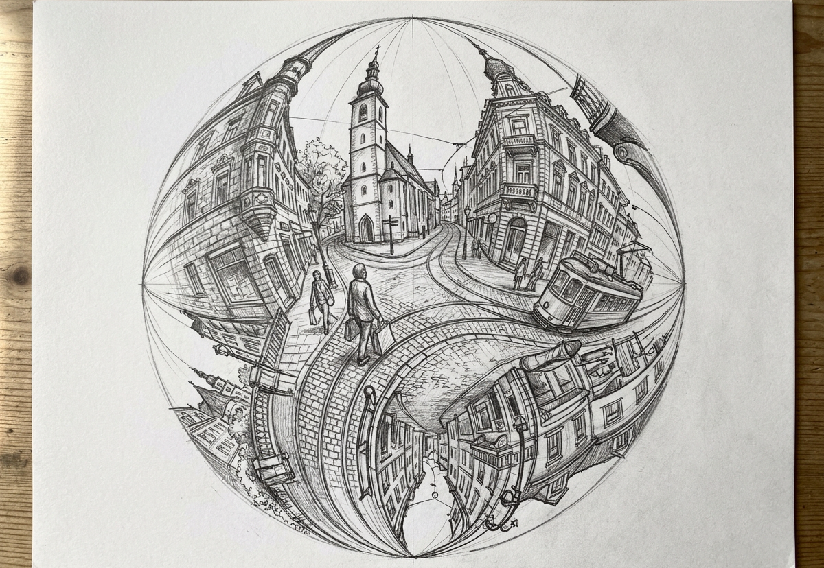 Detaillierte Bleistiftzeichnung auf weißem Papier, liegend auf einem Holztisch. In einem Kreisformat zeigt eine Fischauge-Perspektive mit vier Fluchtpunkten eine europäische Altstadt: Kirchturm, Gründerzeitfassaden, Kopfsteinpflaster, Passanten, eine Straßenbahn und Laternen. Die Architektur wölbt sich nach außen, unten spiegelt sich die Szene verzerrt, was dem Bild eine surreale, kugelförmige Wirkung verleiht.