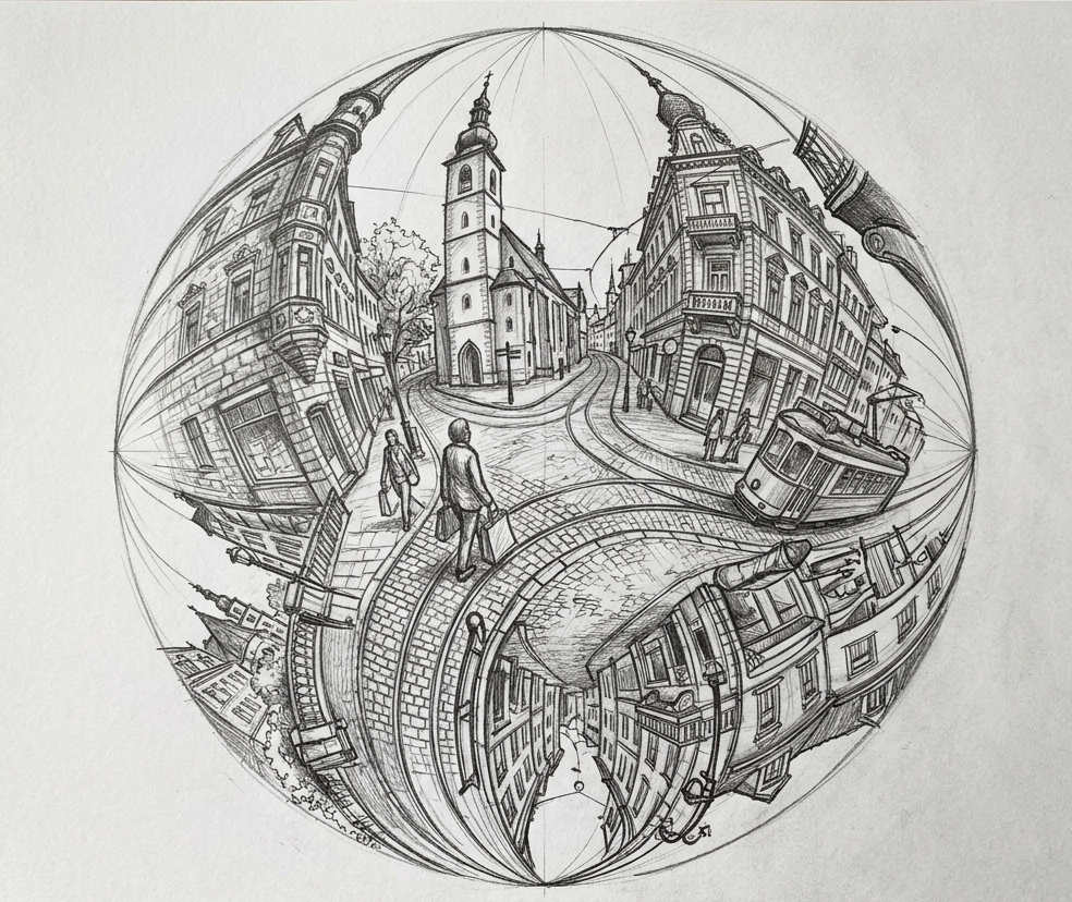 Detaillierte Bleistiftzeichnung auf weißem Papier, liegend auf einem Holztisch. In einem Kreisformat zeigt eine Fischauge-Perspektive mit vier Fluchtpunkten eine europäische Altstadt: Kirchturm, Gründerzeitfassaden, Kopfsteinpflaster, Passanten, eine Straßenbahn und Laternen. Die Architektur wölbt sich nach außen, unten spiegelt sich die Szene verzerrt, was dem Bild eine surreale, kugelförmige Wirkung verleiht.
