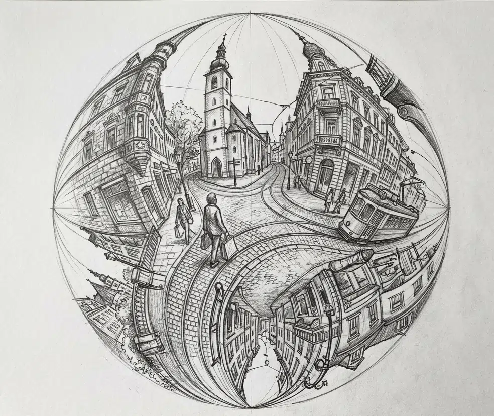 Detaillierte Bleistiftzeichnung auf weißem Papier, liegend auf einem Holztisch. In einem Kreisformat zeigt eine Fischauge-Perspektive mit vier Fluchtpunkten eine europäische Altstadt: Kirchturm, Gründerzeitfassaden, Kopfsteinpflaster, Passanten, eine Straßenbahn und Laternen. Die Architektur wölbt sich nach außen, unten spiegelt sich die Szene verzerrt, was dem Bild eine surreale, kugelförmige Wirkung verleiht.