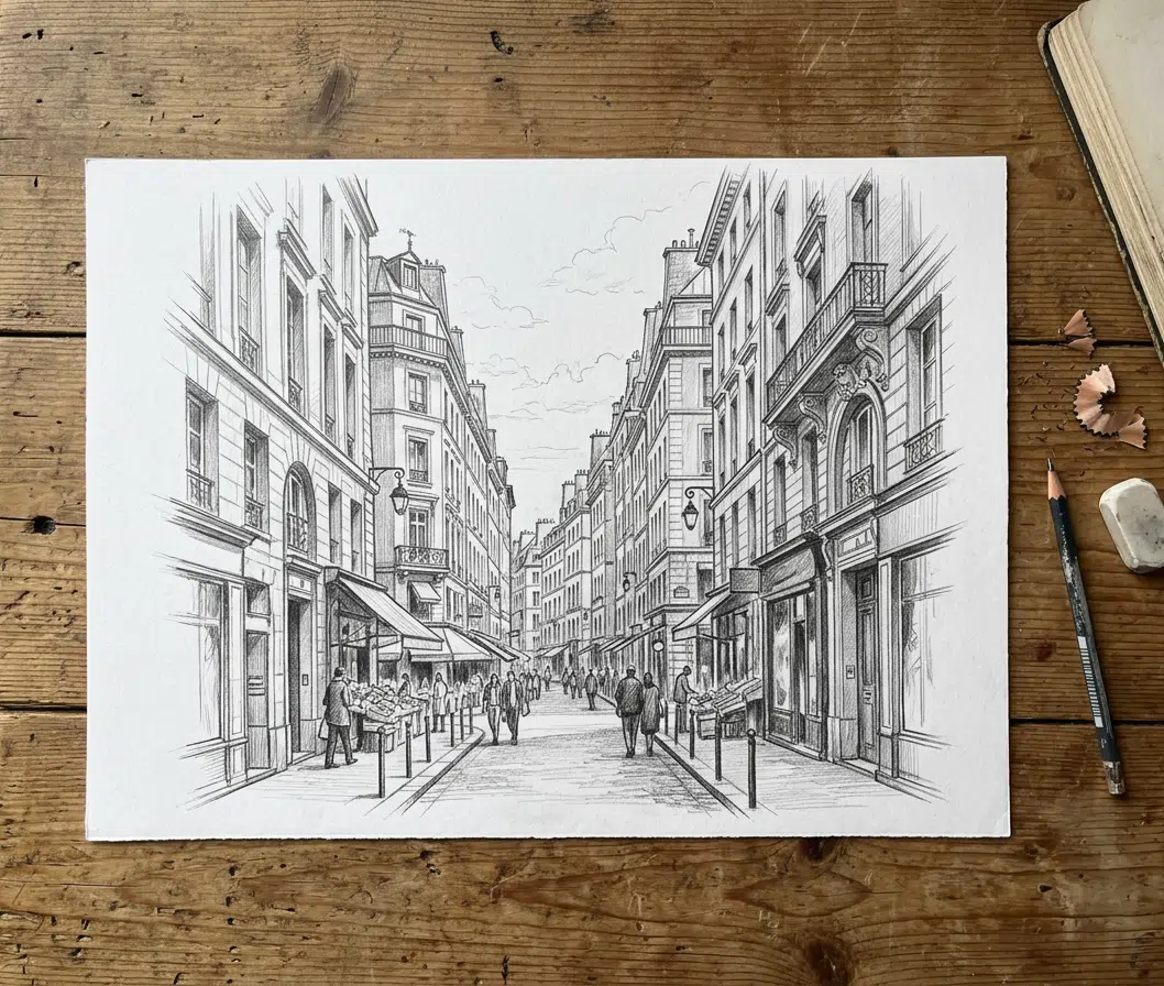 Detaillierte Bleistiftskizze einer belebten Pariser Altstadtgasse in Zentralperspektive auf weißem Papier, liegend auf einem Holztisch. Gründerzeitfassaden, Geschäfte mit Markisen, Laternen und Passanten beidseitig der Straße verjüngen sich zum Fluchtpunkt in der Bildmitte. Daneben ein Bleistift, Radiergummi und Bleistiftspäne.