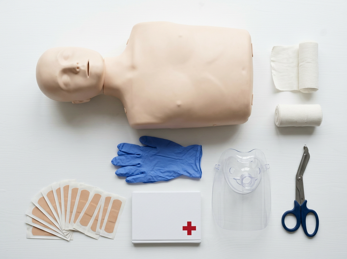 Draufsicht auf Erste-Hilfe-Trainingsmaterialien auf weißem Untergrund: eine Reanimationspuppe (Oberkörper), blaue Einmalhandschuhe, eine transparente Beatmungsmaske, eine blaue Verbandschere, zwei Verbandsbinden, mehrere Pflaster sowie ein weißes Päckchen mit rotem Kreuz. Alle Gegenstände sind ordentlich um die Übungspuppe angeordnet.