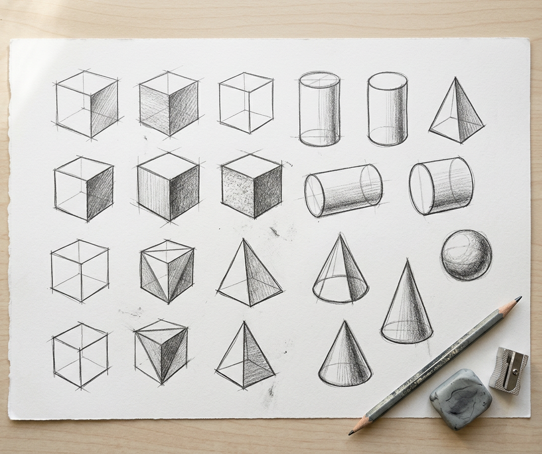 Übungsblatt mit Bleistiftskizzen geometrischer 3D-Körper auf hellem Holzuntergrund, daneben ein Bleistift, ein Anspitzer und ein Knetradiergummi. In vier Reihen sind Würfel, Zylinder, Pyramiden, Kegel und eine Kugel in verschiedenen Schattierungsstufen dargestellt — von der reinen Konturzeichnung bis zur vollständig schattierten Version.