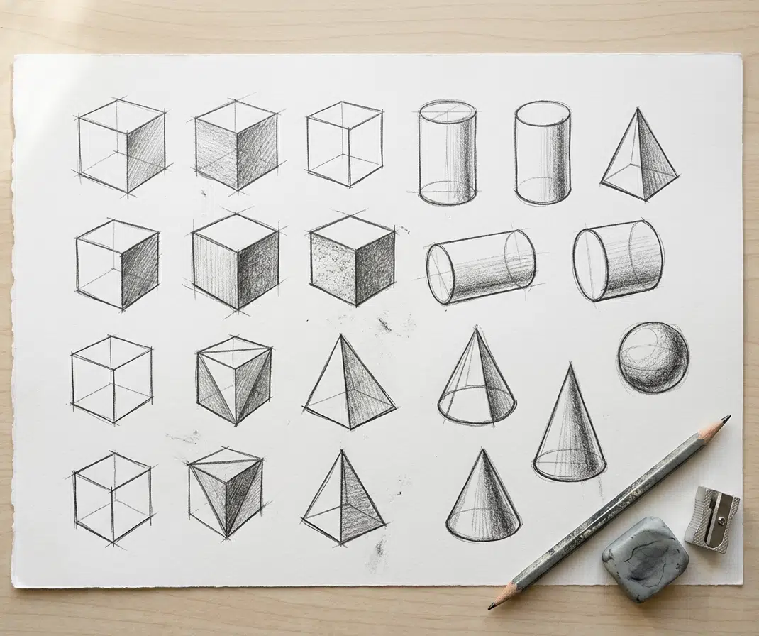 Übungsblatt mit Bleistiftskizzen geometrischer 3D-Körper auf hellem Holzuntergrund, daneben ein Bleistift, ein Anspitzer und ein Knetradiergummi. In vier Reihen sind Würfel, Zylinder, Pyramiden, Kegel und eine Kugel in verschiedenen Schattierungsstufen dargestellt — von der reinen Konturzeichnung bis zur vollständig schattierten Version.