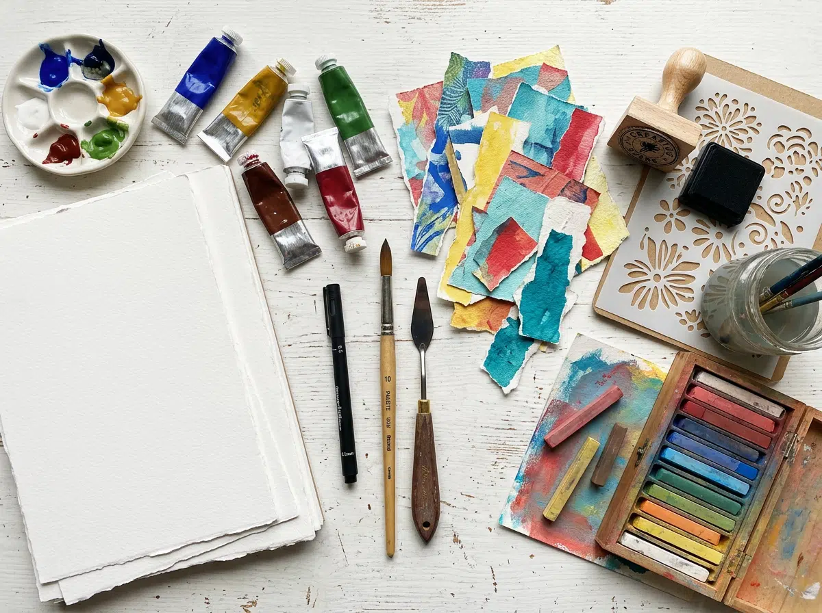 Flatlay mit Mixed-Media-Materialien für Raster-Collagen, darunter Acrylfarben, Pastelle, Stempel, Schablone und zerrissene bemalte Papierschnipsel.