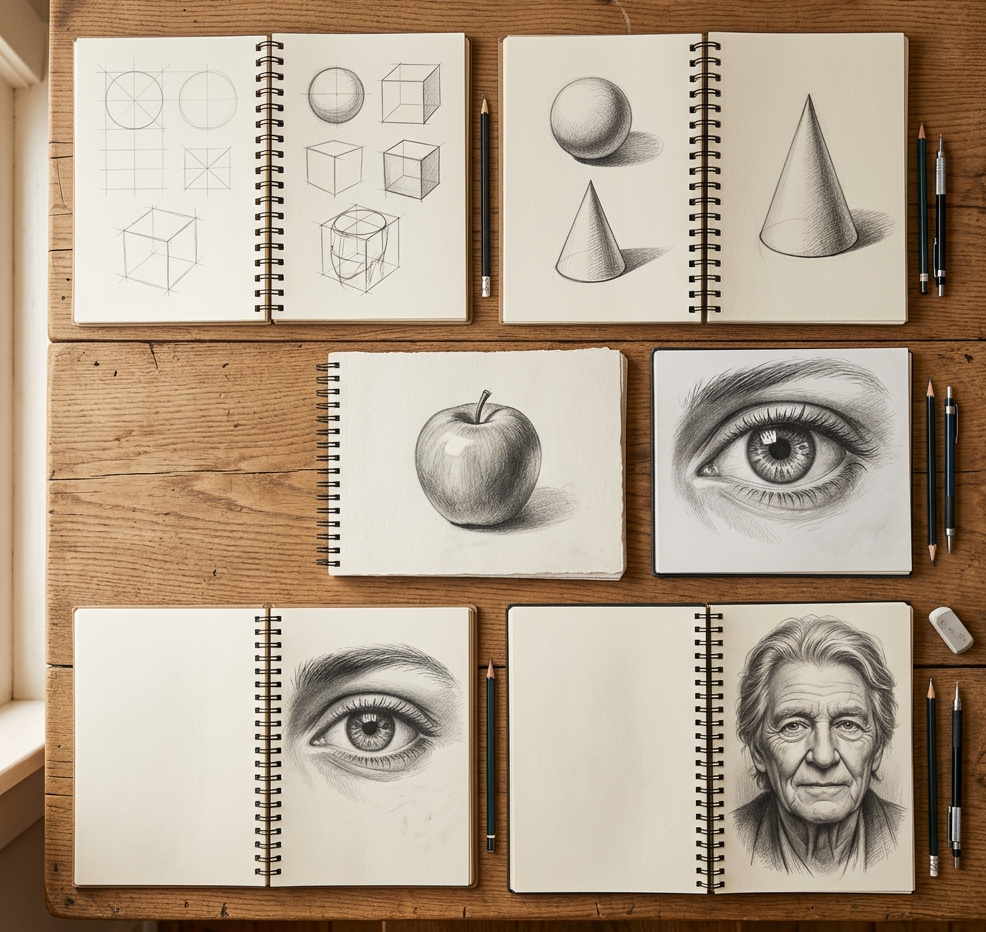 Draufsicht auf fünf aufgeschlagene Skizzenbücher auf einem rustikalen Holztisch, die einen progressiven Lernfortgang beim Zeichnen zeigen: geometrische Grundkonstruktionen (Kreis, Würfel), schattierte 3D-Formen (Kugel, Kegel), ein realistischer Apfel, eine detaillierte Augen-Nahaufnahme und schließlich ein vollständiges Portraitzeichnung eines älteren Mannes. Daneben Bleistifte und ein Radiergummi.