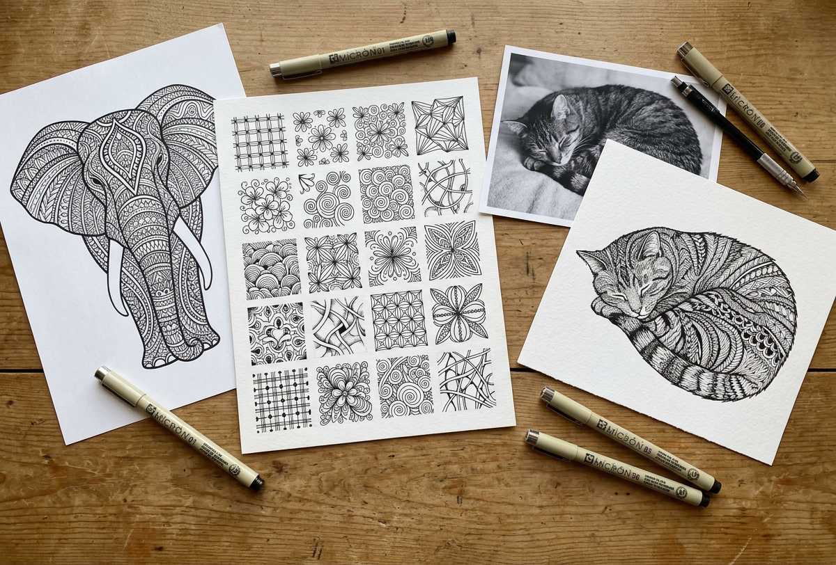 Flatlay mit fertigen Zendoodle-Zeichnungen — ein Elefantenkopf, eine zusammengerollte Katze und ein Mustermuster-Übungsblatt — sowie der Fotovorlage der Katze und mehreren Finelinern auf Holz.
