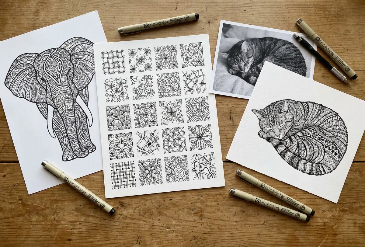 Flatlay mit fertigen Zendoodle-Zeichnungen — ein Elefantenkopf, eine zusammengerollte Katze und ein Mustermuster-Übungsblatt — sowie der Fotovorlage der Katze und mehreren Finelinern auf Holz.