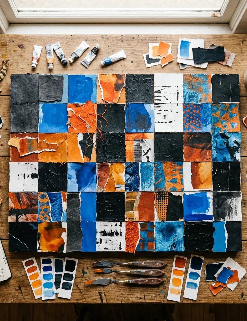 Vogelperspektive auf ein fertiges Raster-Collage-Kunstwerk in Schwarz, Blau und Orange auf einem Arbeitstisch mit Farbtuben, Pinseln und Farbmusterkärtchen.