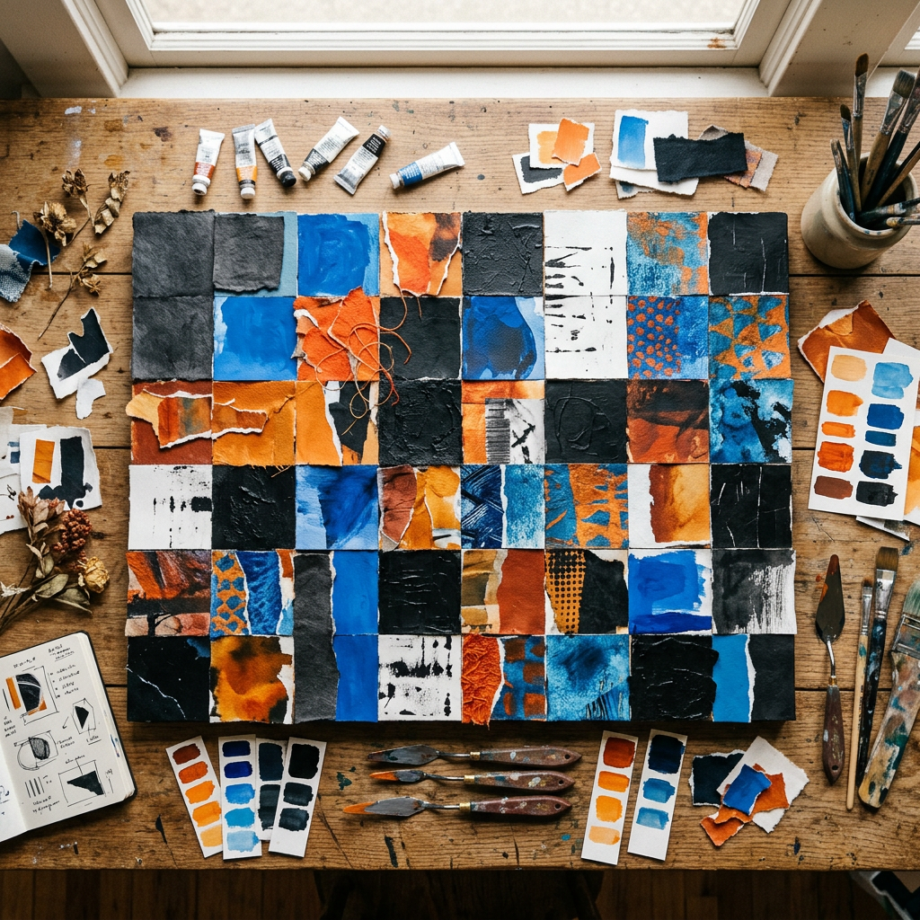 Vogelperspektive auf ein fertiges Raster-Collage-Kunstwerk in Schwarz, Blau und Orange auf einem Arbeitstisch mit Farbtuben, Pinseln und Farbmusterkärtchen.