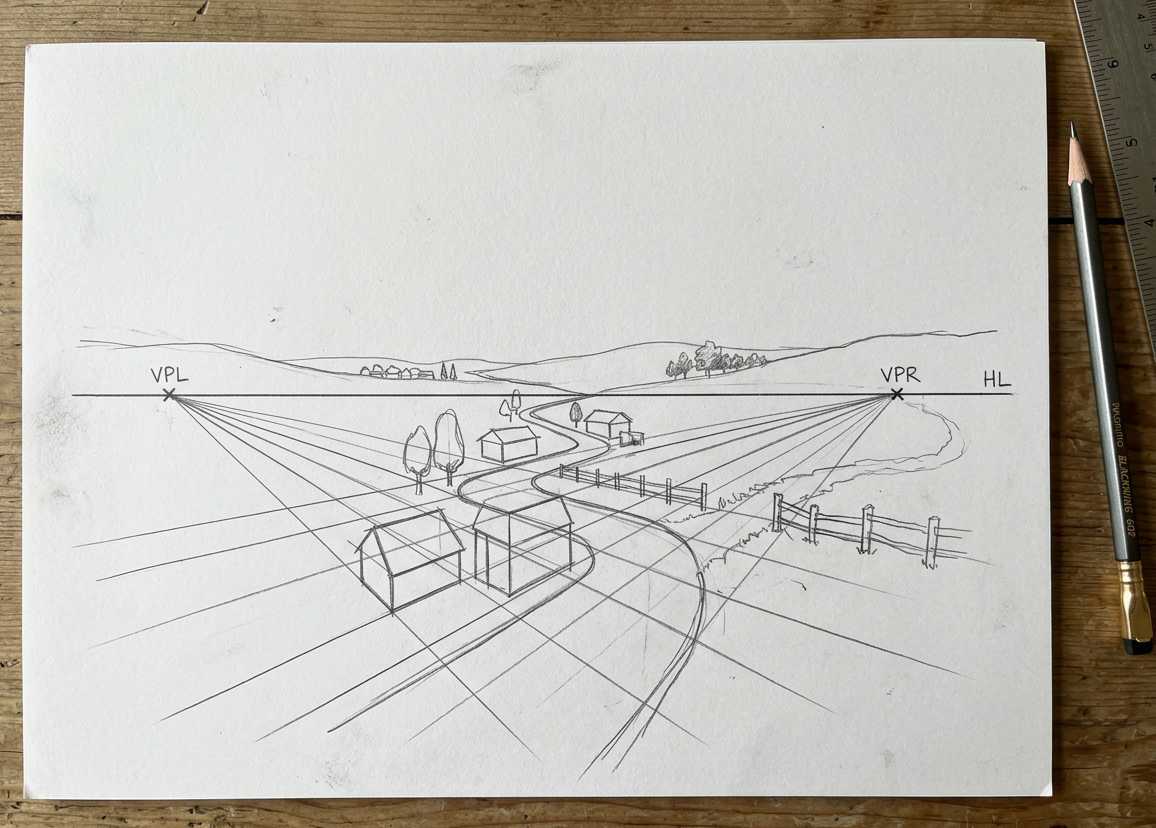 Bleistiftskizze einer Landschaft in Zweipunktperspektive auf weißem Papier, auf einem Holztisch liegend, daneben ein Blackwing-Bleistift und ein Metalllineal. Die Horizontlinie (HL) ist eingezeichnet mit zwei beschrifteten Fluchtpunkten links (VPL) und rechts (VPR), von denen Perspektivlinien zu Gebäuden, einem Zaun, Bäumen und einer geschwungenen Straße ausstrahlen.