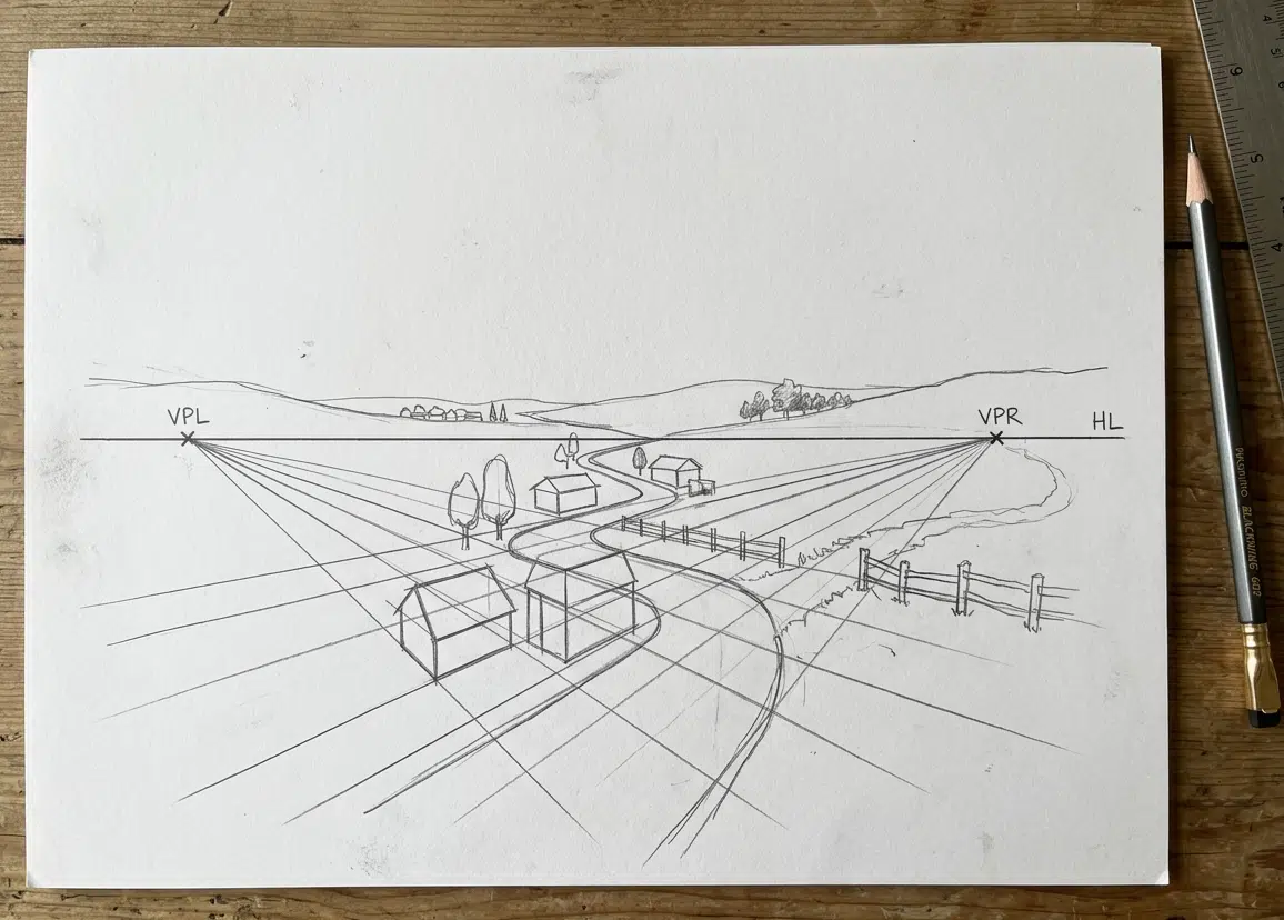 Bleistiftskizze einer Landschaft in Zweipunktperspektive auf weißem Papier, auf einem Holztisch liegend, daneben ein Blackwing-Bleistift und ein Metalllineal. Die Horizontlinie (HL) ist eingezeichnet mit zwei beschrifteten Fluchtpunkten links (VPL) und rechts (VPR), von denen Perspektivlinien zu Gebäuden, einem Zaun, Bäumen und einer geschwungenen Straße ausstrahlen.