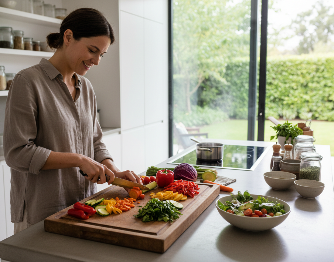 Lächelnde Frau im Leinenhemd schneidet in einer hellen, modernen Küche bunte Gemüse auf einem Holzbrett — Karotten, Paprika, Zucchini und Blattgemüse. Daneben eine Salatschüssel und Gewürzgläser, im Hintergrund ein Topf auf dem Induktionsherd und ein großes Fenster mit Gartenblick.