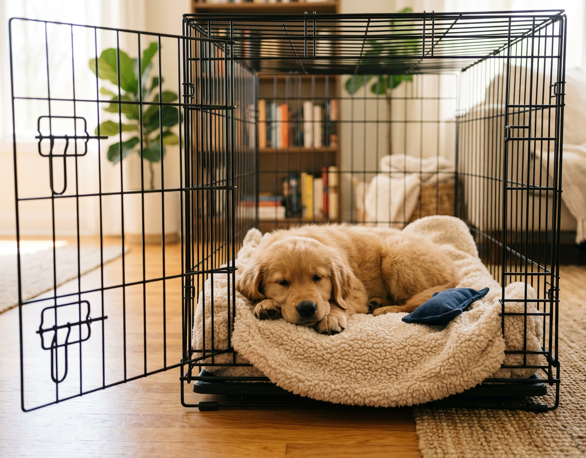 Golden-Retriever-Welpe liegt entspannt in einem offenen schwarzen Metallgittergehege auf einem cremefarbenen Fellkissen mit einem blauen Spielzeug daneben. Das Gehege steht auf einem Holzparkett in einem hellen, gemütlichen Wohnzimmer mit Bücherregal und Zimmerpflanze.