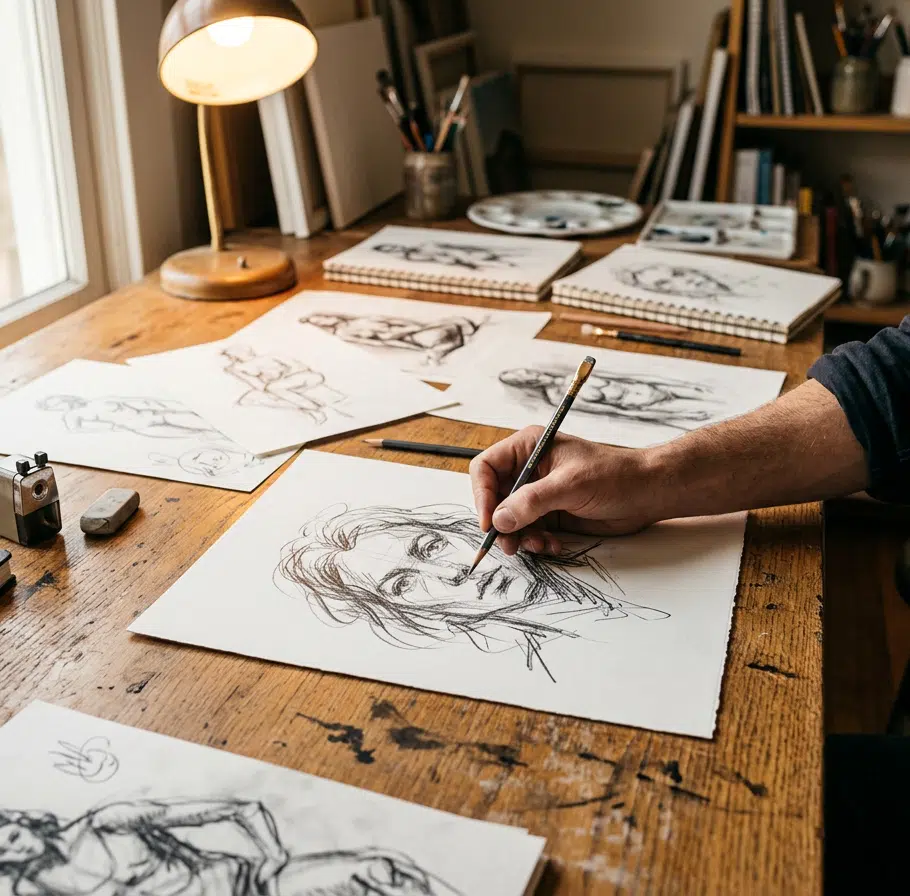 Hand einer Person im grauen Pullover zeichnet mit Bleistift ein ausdrucksstarkes Frauenporträt auf weißem Papier. Der rustikale Holztisch ist bedeckt mit weiteren Figurenskizzen und Porträtstudien, daneben Pinsel im Glas, Anspitzer, Knetradiergummi und eine Tischlampe. Im Hintergrund ein Regal mit Malmaterialien.