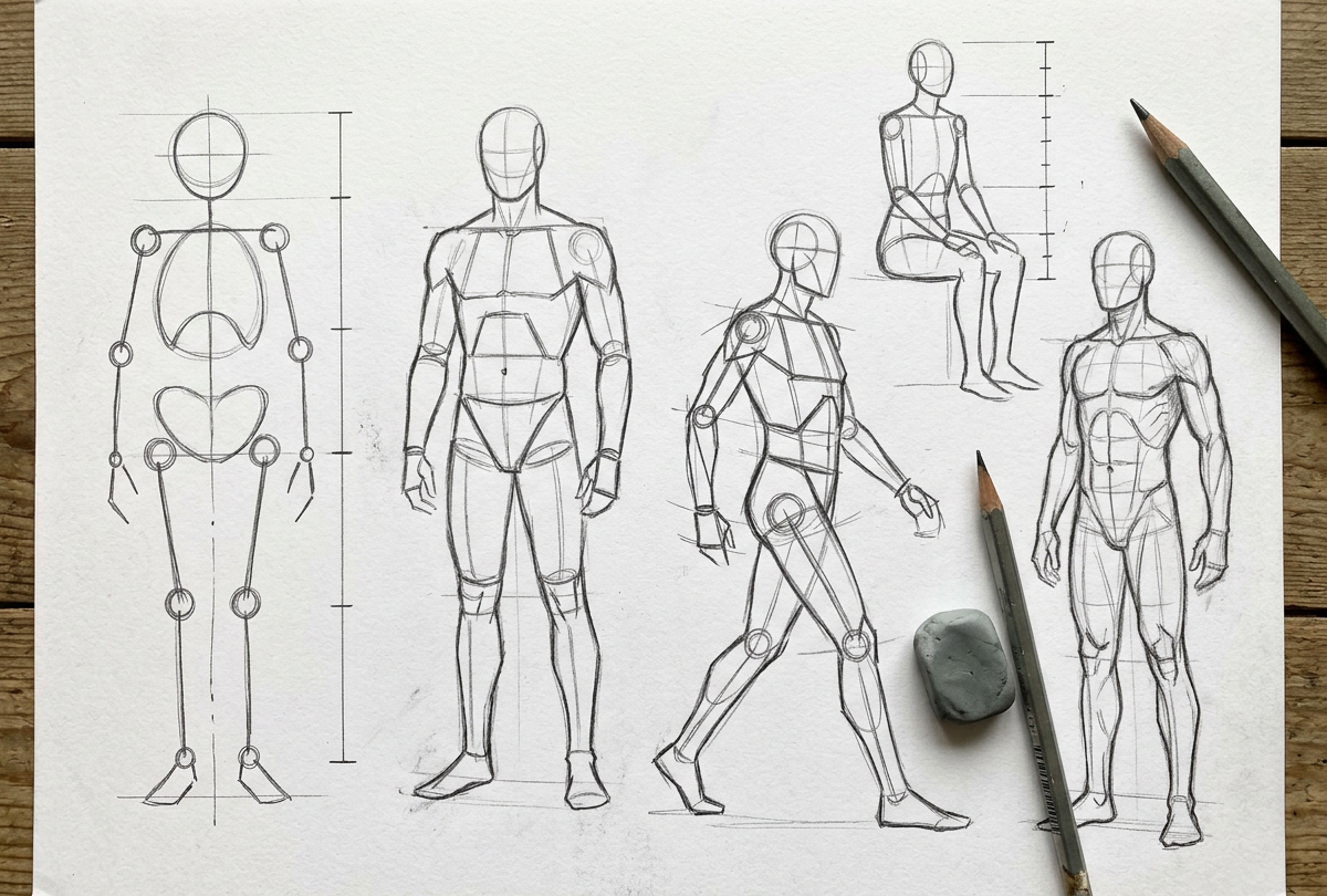 Bleistiftzeichnungen auf weißem Papier auf einem Holztisch zeigen verschiedene Konstruktionsstufen und Posen des menschlichen Körpers: eine Gelenkpuppe mit Proportionsachse, zwei stehende Blockfiguren in Frontalansicht, eine gehende Figur, eine sitzende Figur sowie eine weiter ausgearbeitete Körperzeichnung mit Muskulatur. Daneben zwei Bleistifte und ein Knetradiergummi.