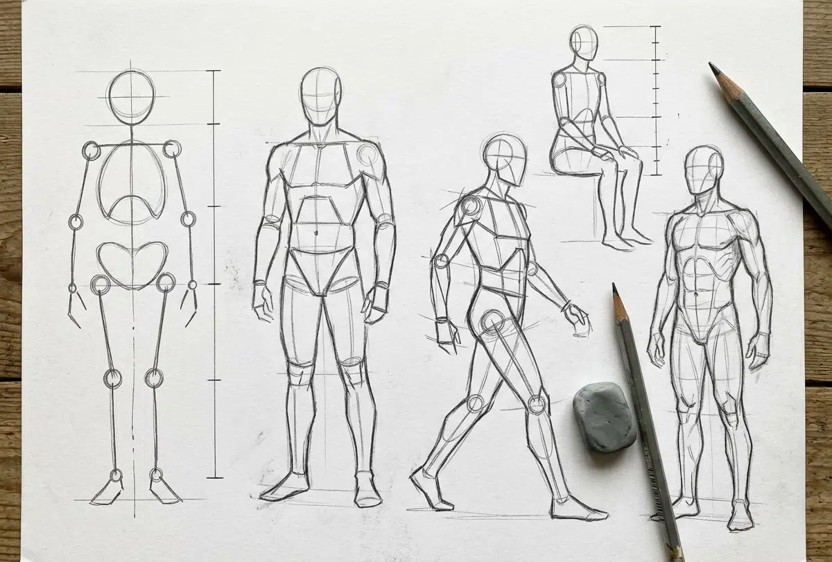 Bleistiftzeichnungen auf weißem Papier auf einem Holztisch zeigen verschiedene Konstruktionsstufen und Posen des menschlichen Körpers: eine Gelenkpuppe mit Proportionsachse, zwei stehende Blockfiguren in Frontalansicht, eine gehende Figur, eine sitzende Figur sowie eine weiter ausgearbeitete Körperzeichnung mit Muskulatur. Daneben zwei Bleistifte und ein Knetradiergummi.