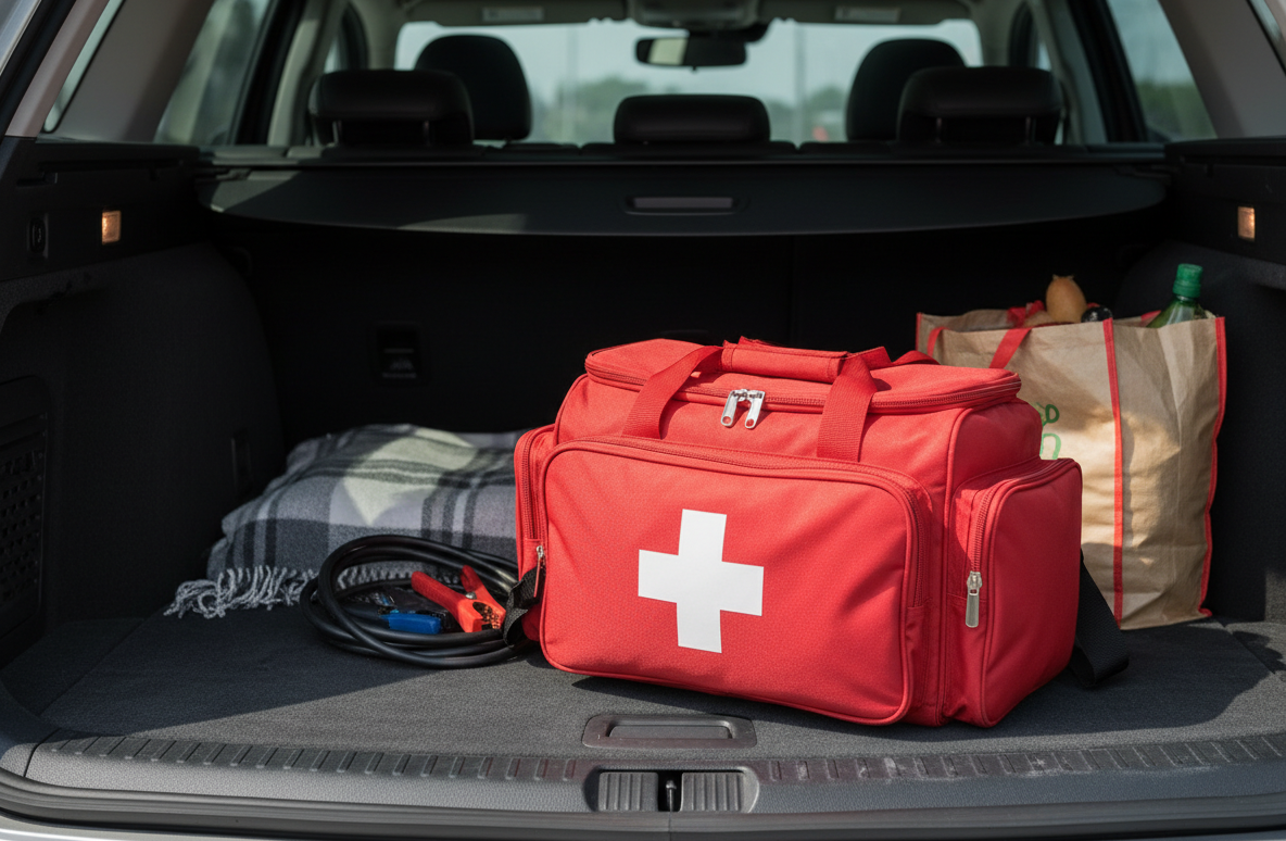 Eine große rote Erste-Hilfe-Tasche mit weißem Kreuz steht im geöffneten Kofferraum eines Kombis. Daneben liegen ein kariertes Wolldecke, Starthilfekabel und eine Papiertüte mit Einkäufen. Im Hintergrund sind durch die Heckscheibe die Rücksitze und ein Parkplatz zu sehen.