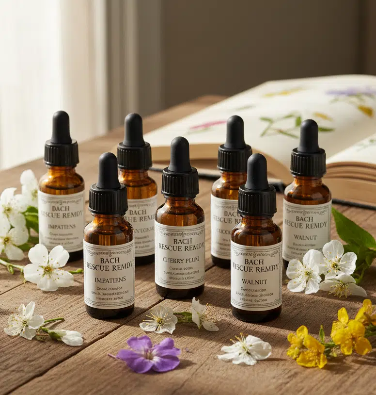 Sieben braune Pipettenflaschen mit „Bach Rescue Remedy"-Etiketten (u. a. Impatiens, Cherry Plum, Walnut) stehen auf einem Holztisch, umgeben von weißen, lila und gelben Blüten. Im Hintergrund ein aufgeschlagenes botanisches Buch und eine weiße Keramikschale.