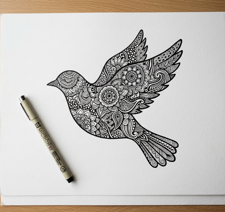 Weißes Blatt Papier auf hellem Holzuntergrund mit einem fertigen Zendoodle eines fliegenden Vogels in Seitenansicht. Die Silhouette ist vollständig mit schwarzen Tintenmustern gefüllt: Mandalas, Blüten, Paisley-Formen, Dreiecke und Federmotive. Links darunter liegt ein Sakura Micron 03 Fineliner.