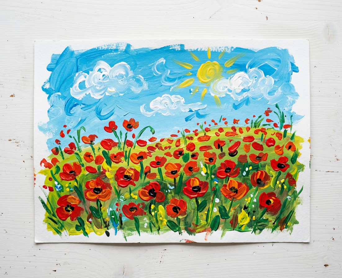 Kindgerechtes Acrylgemälde auf weißem Papier, liegend auf einem weiß gestrichenen Holztisch. Ein Mohnblumenfeld in leuchtendem Rot und Orange füllt die untere Bildhälfte, darüber ein hellblauer Himmel mit weißen Wolken und einer gelben Sonne mit Strahlen. Die Pinselführung ist spontan und ausdrucksstark.
