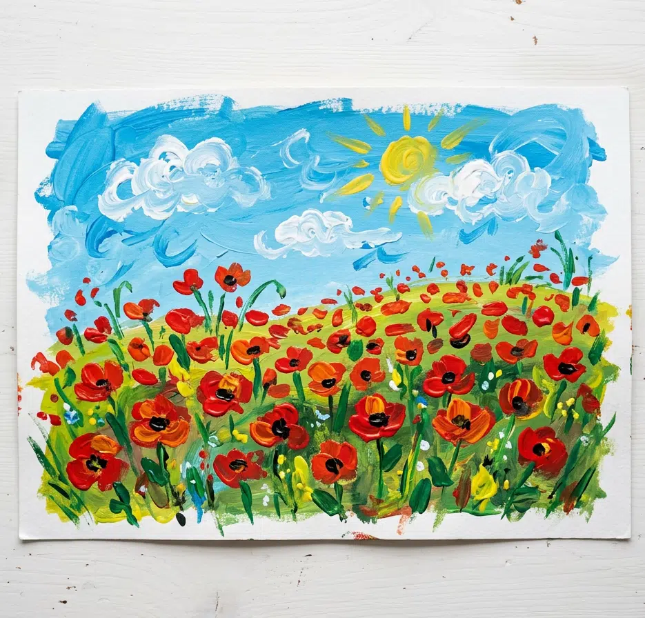 Kindgerechtes Acrylgemälde auf weißem Papier, liegend auf einem weiß gestrichenen Holztisch. Ein Mohnblumenfeld in leuchtendem Rot und Orange füllt die untere Bildhälfte, darüber ein hellblauer Himmel mit weißen Wolken und einer gelben Sonne mit Strahlen. Die Pinselführung ist spontan und ausdrucksstark.