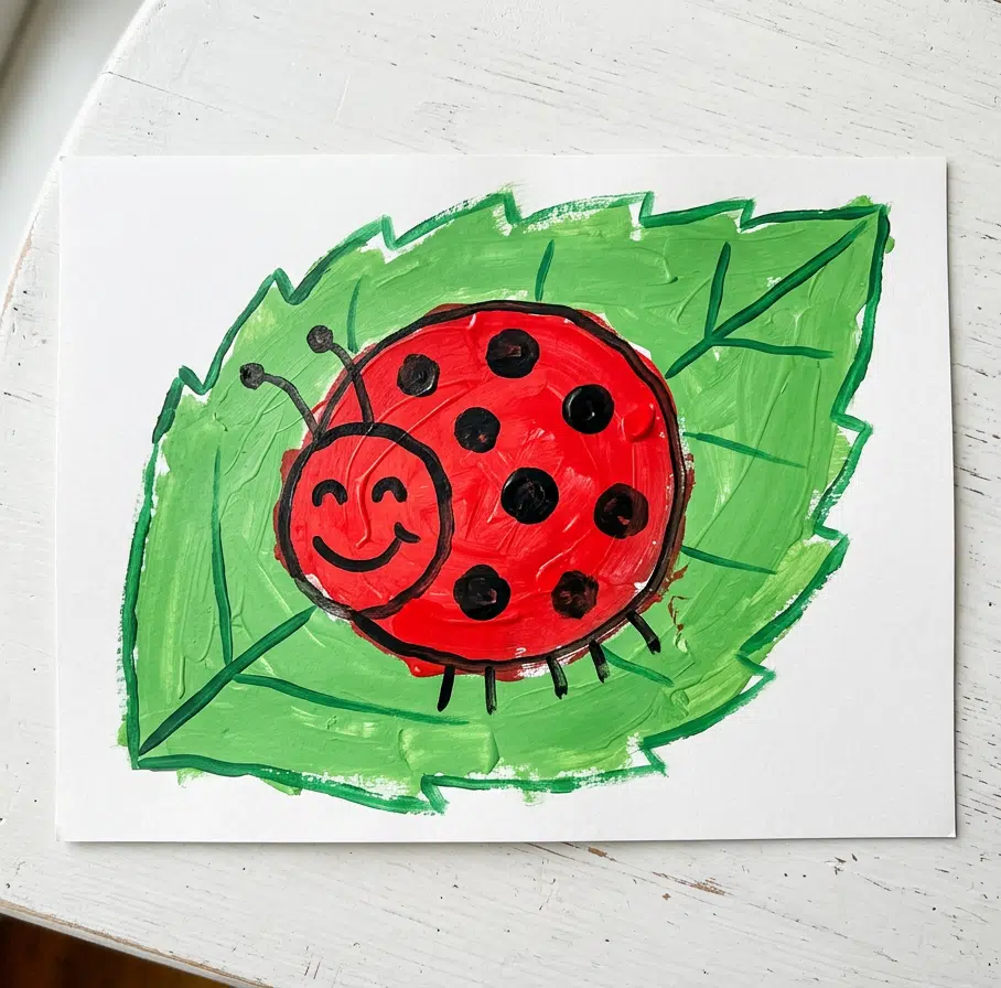 Kindermalerei auf weißem Papier, das auf einem weiß gestrichenen Holztisch liegt. Ein lächelnder roter Marienkäfer mit schwarzen Punkten, Antennen und Beinchen sitzt auf einem grün gemalten Blatt mit sichtbarer Blattader. Der Käfer hat ein gezeichnetes Gesicht mit zwinkerndem Auge und Lächeln.