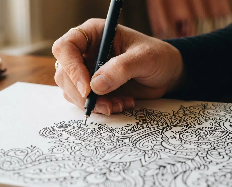 Nahaufnahme einer Hand mit goldenem Ring, die einen schwarzen Fineliner der Stärke 01 hält und Zendoodle-Muster aus Spiralen, Paisley- und Blütenformen in ein aufgeschlagenes Skizzenbuch zeichnet. Im Hintergrund unscharf ein Holztisch und ein weiteres Notizbuch.