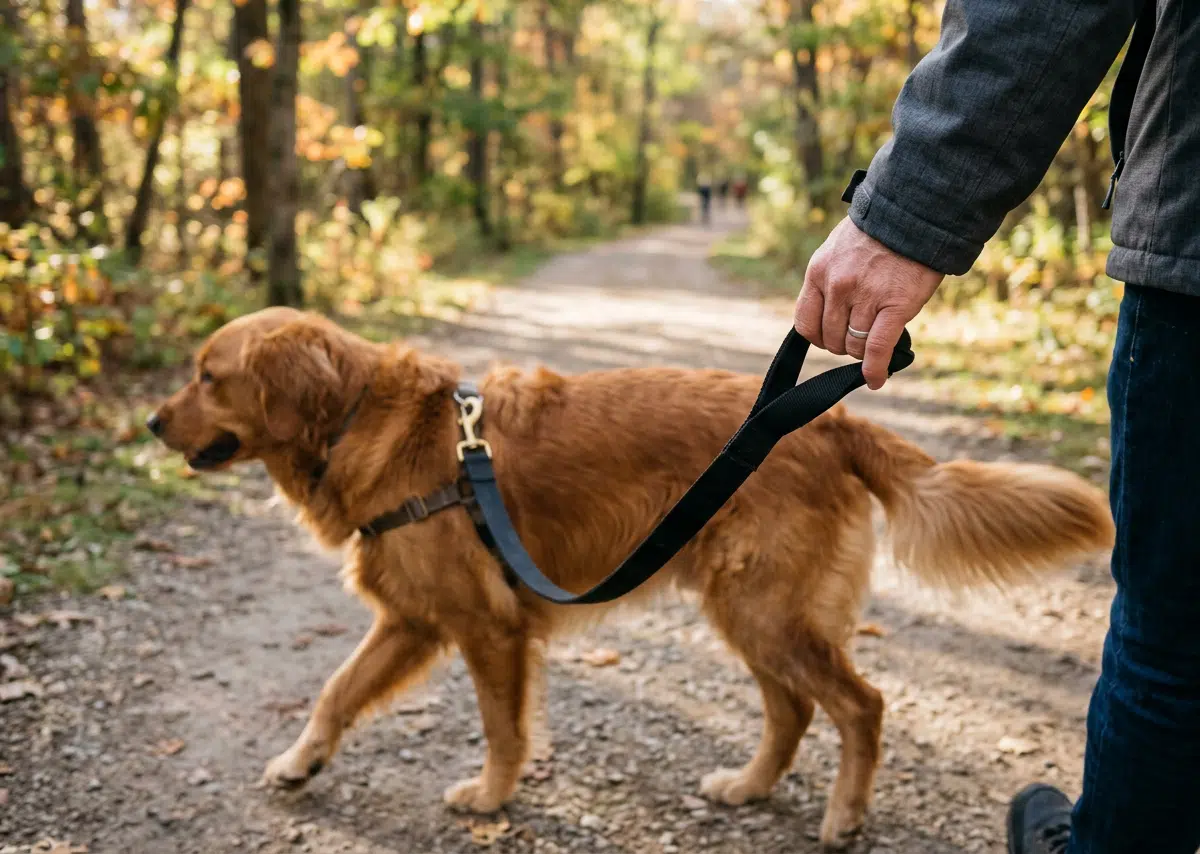 Person in grauer Jacke und Jeans hält an einem Waldweg eine schwarze Leine, an der ein Golden Retriever mit Geschirr läuft. Im Hintergrund ein herbstlich gefärbter Laubwald mit einem Schotterweg, auf dem weitere Personen zu sehen sind.