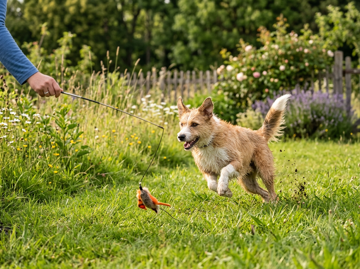 Struppiger braunweißer Mischlingshund jagt mit offenem Maul und erhobenem Schwanz begeistert einem orangefarbenen Federlockspielzeug an einer Rute hinterher, die eine Person am Bildrand hält. Im Hintergrund ein blühender Garten mit Rosen und Lavendel.