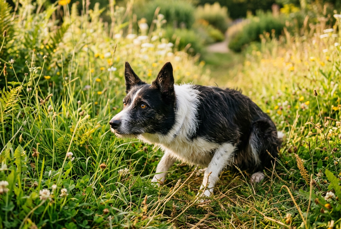 Schwarz-weißer Border Collie in typischer Hüteposition — Körper geduckt, Ohren aufgestellt, Blick intensiv nach vorne gerichtet — inmitten einer sommerlichen Wildblumenwiese mit Klee, Farnen und gelben Blüten im warmen Abendlicht.
