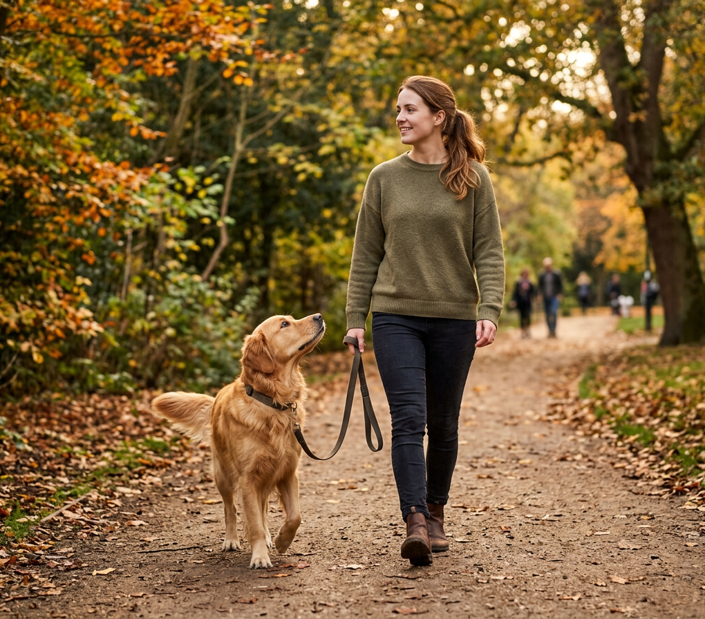Lächelnde Frau im olivgrünen Pullover und schwarzer Hose geht entspannt mit einem Golden Retriever an lockerer Leine durch einen herbstlichen Laubwald. Der Hund läuft ruhig neben ihr und blickt zu ihr auf. Herbstlich gefärbte Blätter bedecken den Weg, im Hintergrund weitere Spaziergänger.