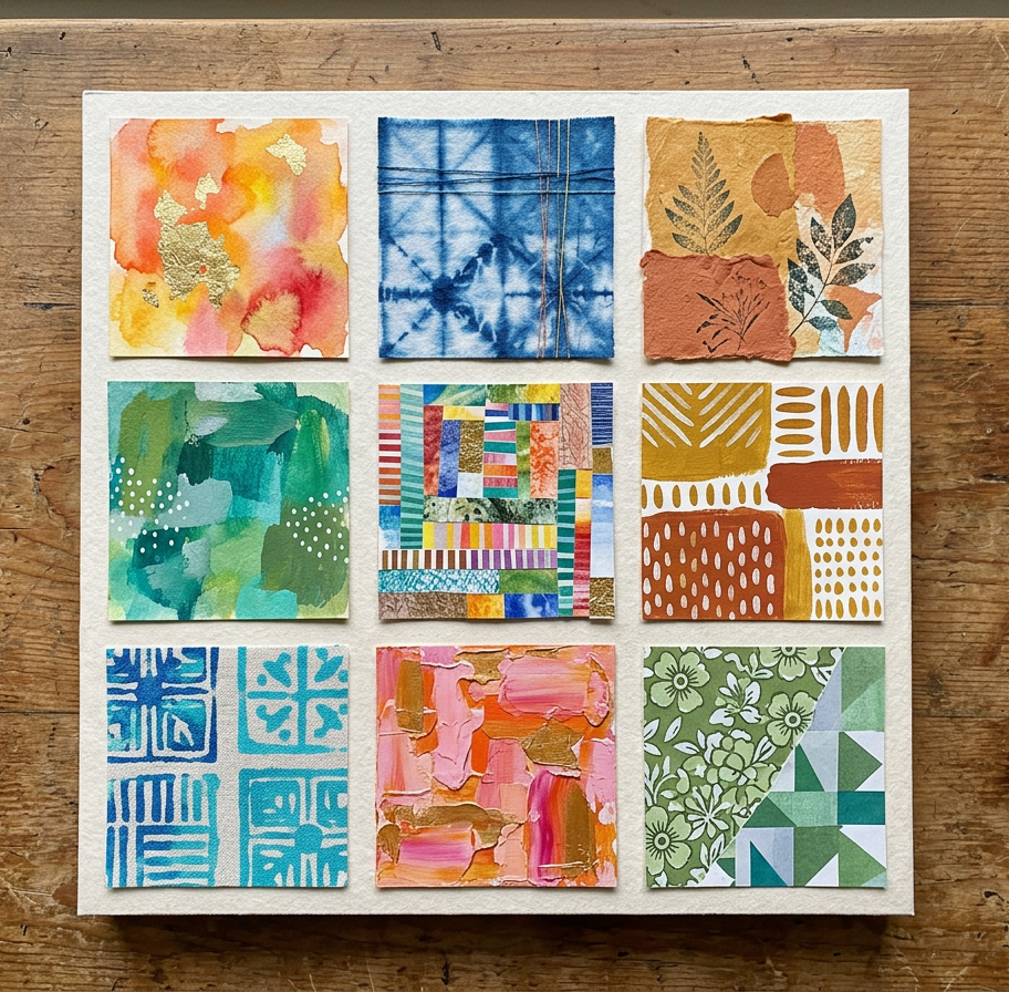Neun quadratische Felder in 3×3-Raster auf cremefarbenem Karton auf einem Holztisch, jedes in anderer Technik: Aquarell mit Blattgold, Shibori-Stoff, Blattdruck auf Kraftpapier, grüne Acrylstruktur mit Punkten, Streifencollage, abstraktes Muster in Ocker, blaues Druckmuster, strukturierte Acrylschichten in Pink und Orange, sowie grünes Blumen-Quilt-Muster.