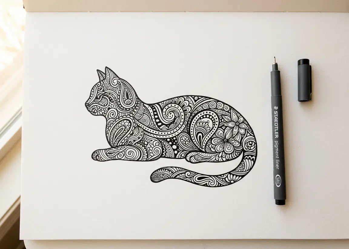 Skizzenbuch auf hellem Untergrund mit einem fertigen Zendoodle einer sitzenden Katze im Seitenprofil. Die Silhouette ist vollständig mit schwarzen Tintenmustern gefüllt: Paisley-Formen, Spiralen, Blüten und Wellenlinien. Rechts daneben liegt ein grauer Staedtler Pigment Liner mit abgenommener Kappe.