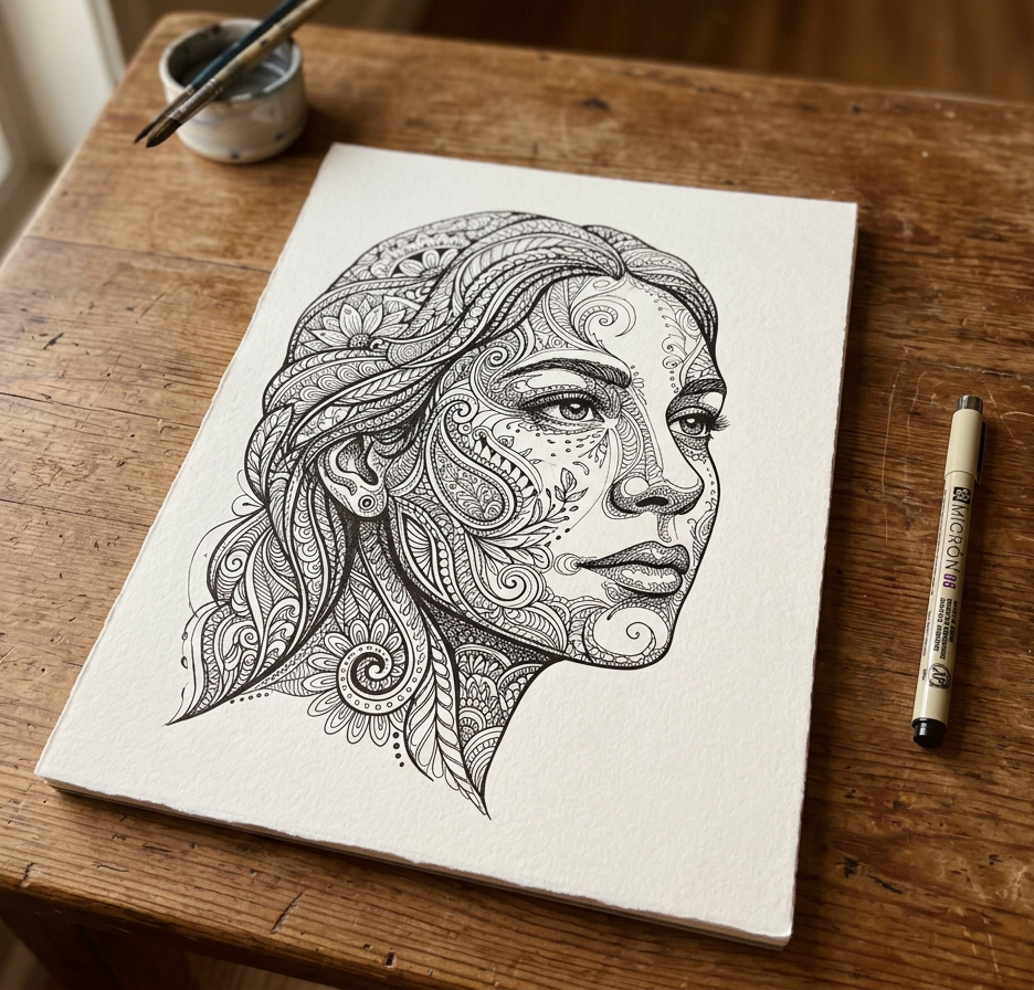 Weißes Aquarellpapier auf rustikalem Holztisch mit einem fertigen Zendoodle-Portrait eines Frauengesichts in Dreiviertelperspektive. Gesicht und Haar sind vollständig mit Spiralen, Paisley-Formen und Blattmotiven in schwarzer Tinte ausgefüllt. Rechts daneben ein Sakura Micron 08 Fineliner, oben links ein kleines Tintengefäß mit Pinsel.