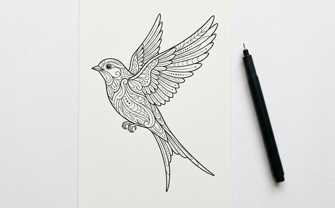 Unausgemalte Zendoodle-Vorlage eines fliegenden Vogels mit detaillierten Mustern aus Spiralen, Wellen und Federkonturen auf cremefarbenem Papier, daneben ein schwarzer Fineliner.
