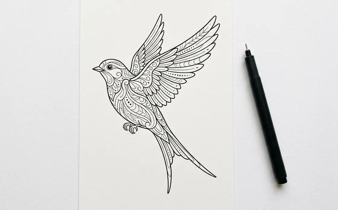 Unausgemalte Zendoodle-Vorlage eines fliegenden Vogels mit detaillierten Mustern aus Spiralen, Wellen und Federkonturen auf cremefarbenem Papier, daneben ein schwarzer Fineliner.