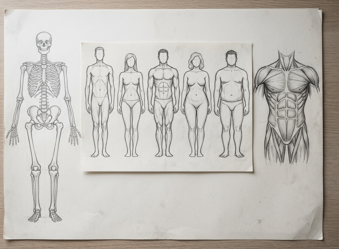 Anatomische Bleistiftzeichnungen auf weißem Papier auf einem hellen Holztisch: Links ein vollständiges Skelett in Frontalansicht, in der Mitte fünf menschliche Körperfiguren verschiedener Körperbautypen (männlich und weiblich) in Frontalansicht, rechts eine detaillierte Muskulaturzeichnung des menschlichen Oberkörpers. Die Zeichnungen dienen als Lehr- und Studienmaterial für das realistische Figurenzeichnen.
