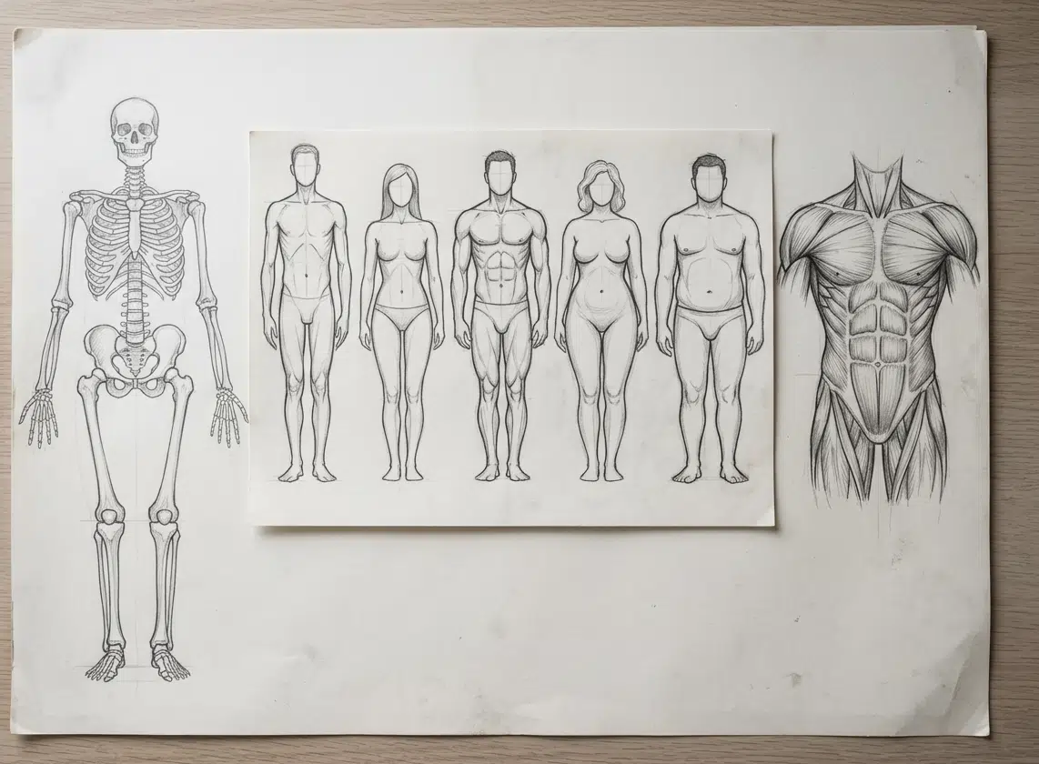 Anatomische Bleistiftzeichnungen auf weißem Papier auf einem hellen Holztisch: Links ein vollständiges Skelett in Frontalansicht, in der Mitte fünf menschliche Körperfiguren verschiedener Körperbautypen (männlich und weiblich) in Frontalansicht, rechts eine detaillierte Muskulaturzeichnung des menschlichen Oberkörpers. Die Zeichnungen dienen als Lehr- und Studienmaterial für das realistische Figurenzeichnen.