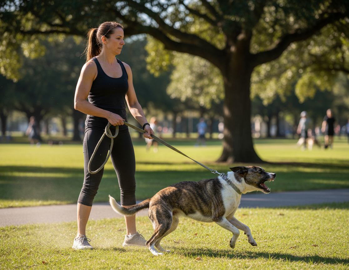 Frau in schwarzem Sportoutfit hält angespannt eine Leine, an der ein getigerter Mischlingshund mit geöffnetem, bellenden Maul zur Seite springt. Sie steht auf einer Rasenfläche in einem sonnigen, belebten Park mit großen Bäumen und weiteren Personen im Hintergrund.