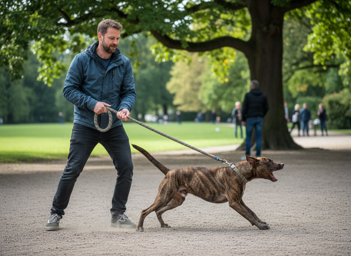 Mann in blauer Jacke und dunkler Jeans stemmt sich mit beiden Händen gegen eine geflochtene Leine, an der ein getigerter Hund mit geöffnetem Maul stark zieht und dabei Kies aufwirbelt. Im Hintergrund ein gepflegter Park mit großen Bäumen und weiteren Spaziergängern.