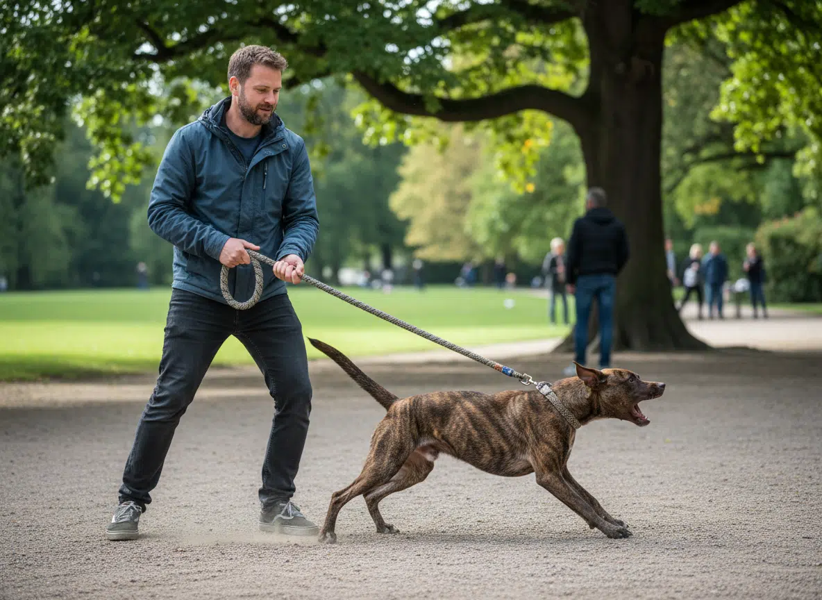 Mann in blauer Jacke und dunkler Jeans stemmt sich mit beiden Händen gegen eine geflochtene Leine, an der ein getigerter Hund mit geöffnetem Maul stark zieht und dabei Kies aufwirbelt. Im Hintergrund ein gepflegter Park mit großen Bäumen und weiteren Spaziergängern.
